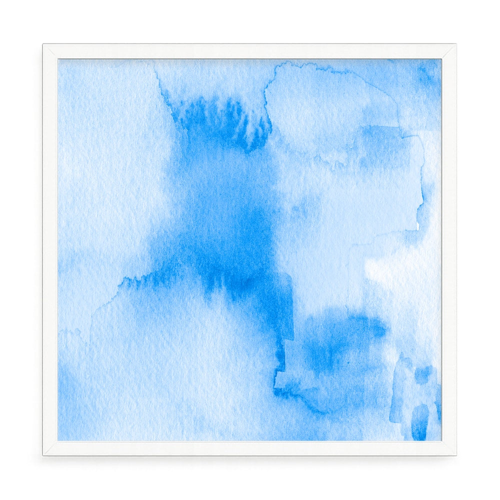 Absztrakt kék vízfestmény fali kép – fúrásmentes, öntapadós képkeret, 20x20 cm - fehér keret