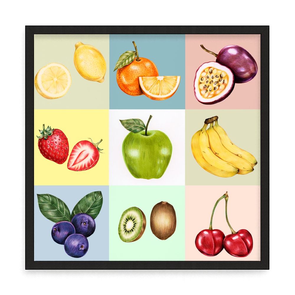 Gyümölcsös fali kép – fúrásmentes, öntapadós képkeret, 20x20 cm - fekete keret