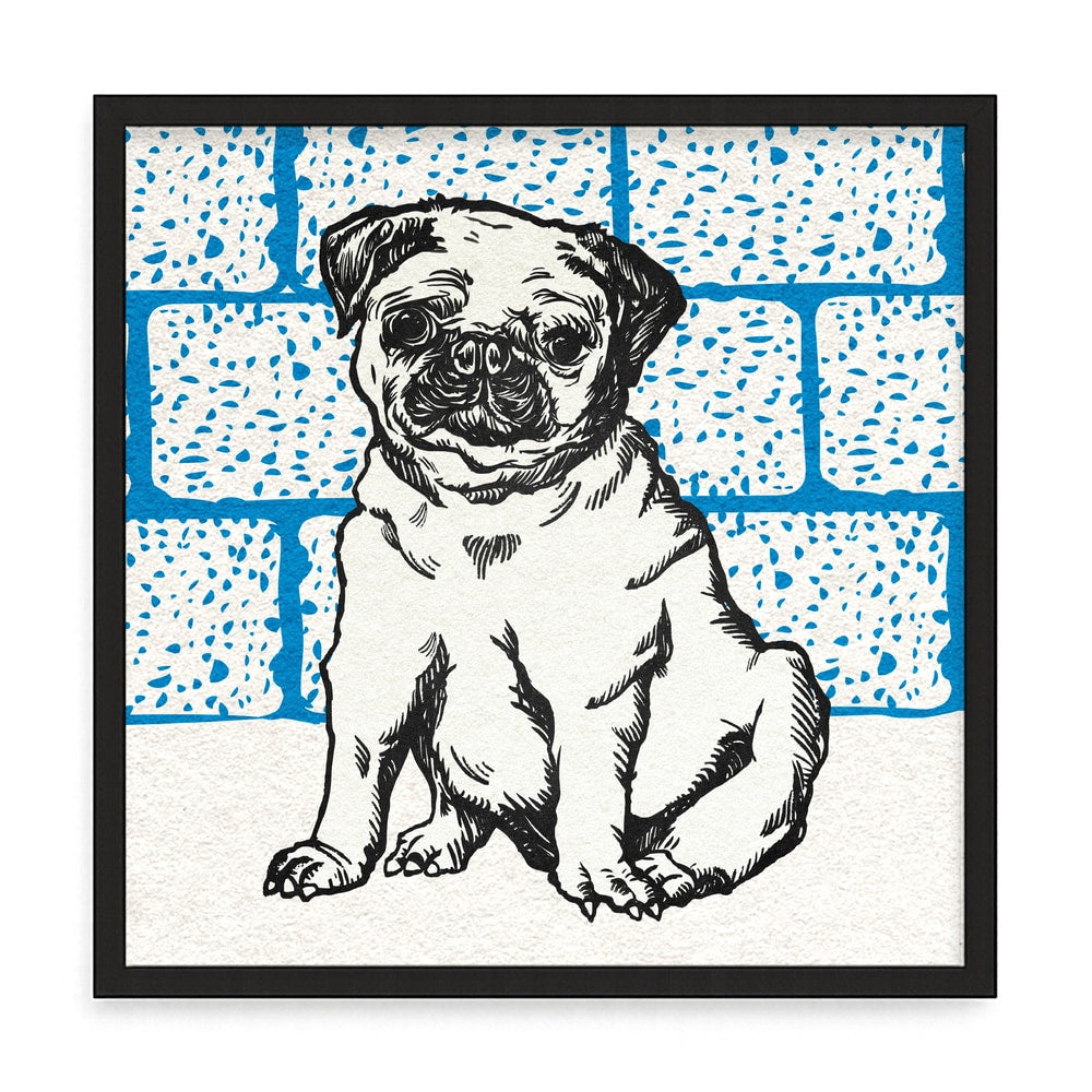 Fekete-fehér mopsz fali kép – fúrásmentes, öntapadós képkeret, 20x20 cm - fekete keret