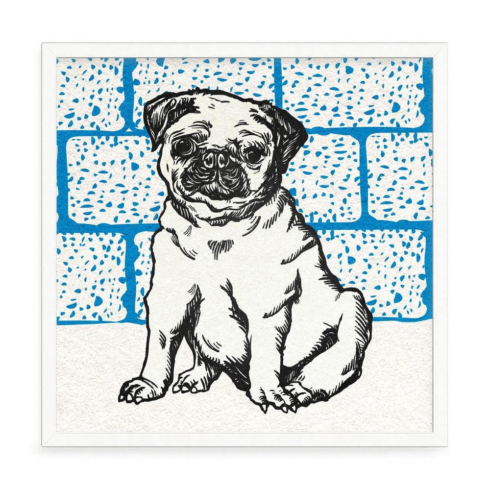 Fekete-fehér mopsz fali kép – fúrásmentes, öntapadós képkeret, 20x20 cm - fehér keret