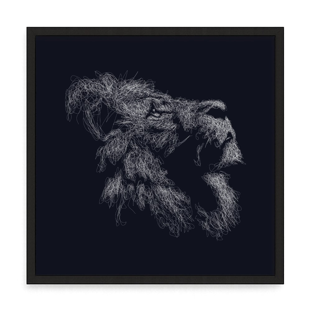 Stylizált oroszlán fali kép – fúrásmentes, öntapadós képkeret, 20x20 cm - fekete keret