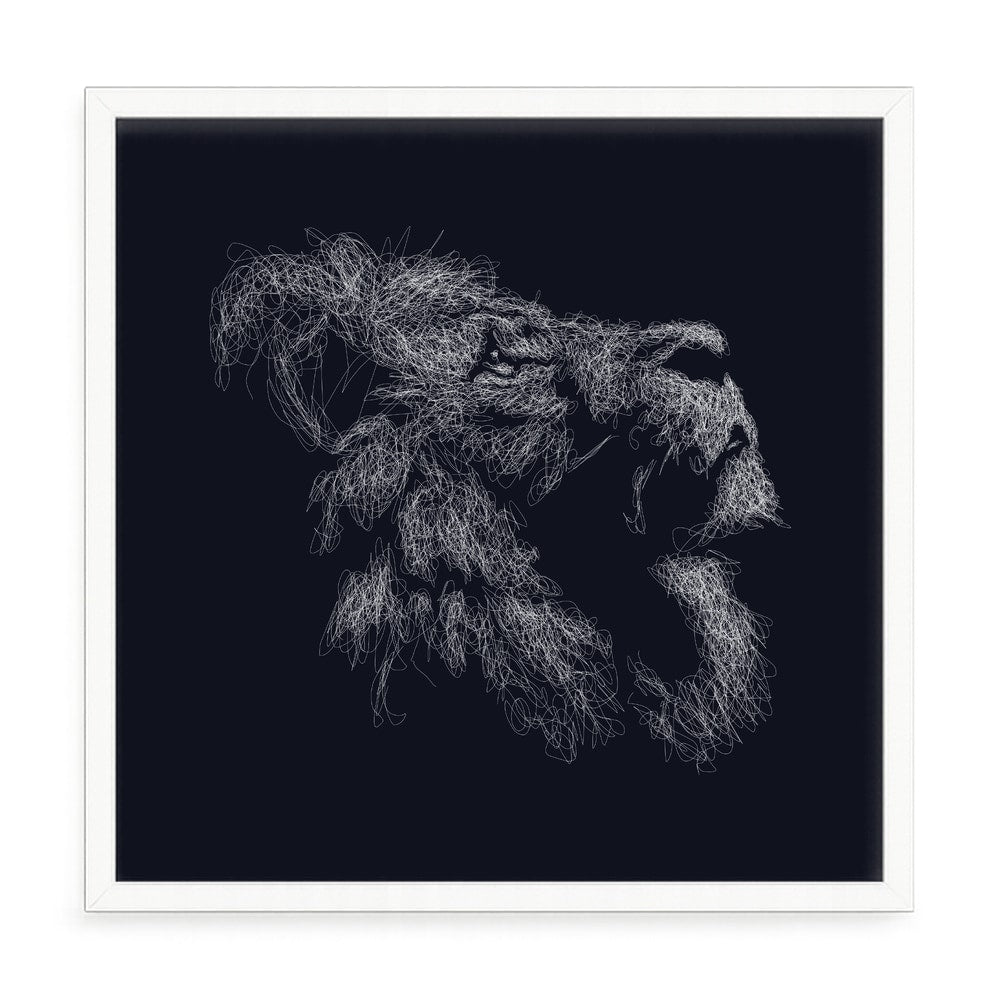 Stylizált oroszlán fali kép – fúrásmentes, öntapadós képkeret, 20x20 cm - fehér keret