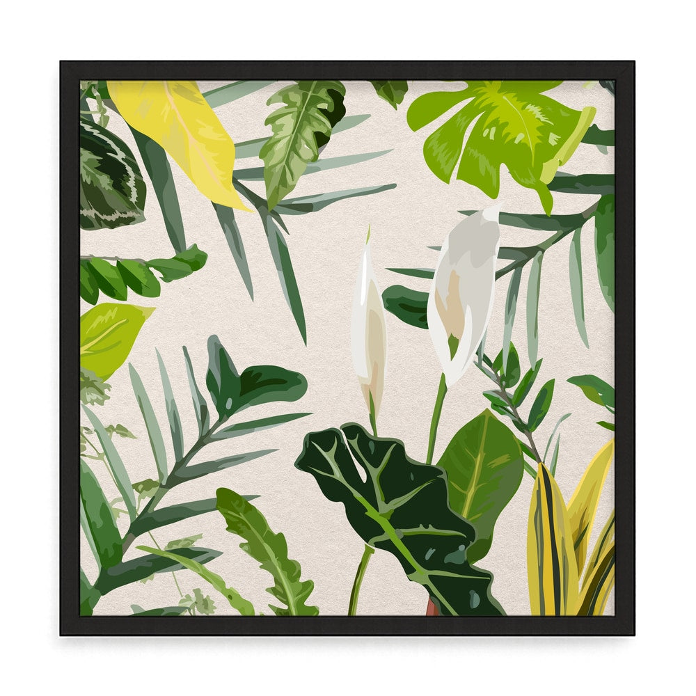 Trópusi levélmintás fali kép – fúrásmentes, öntapadós képkeret, 20x20 cm - fekete keret