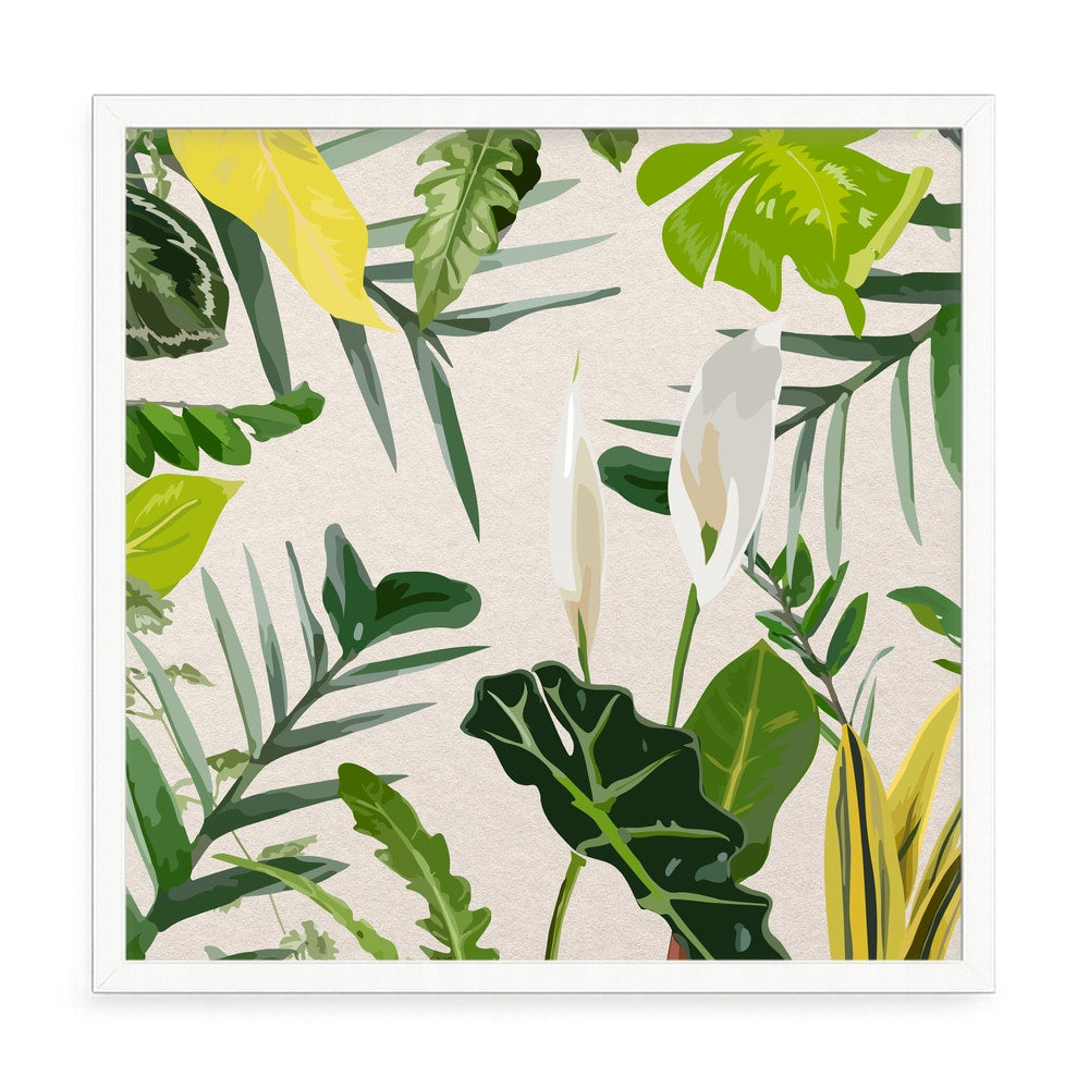 Trópusi levélmintás fali kép – fúrásmentes, öntapadós képkeret, 20x20 cm - fehér keret