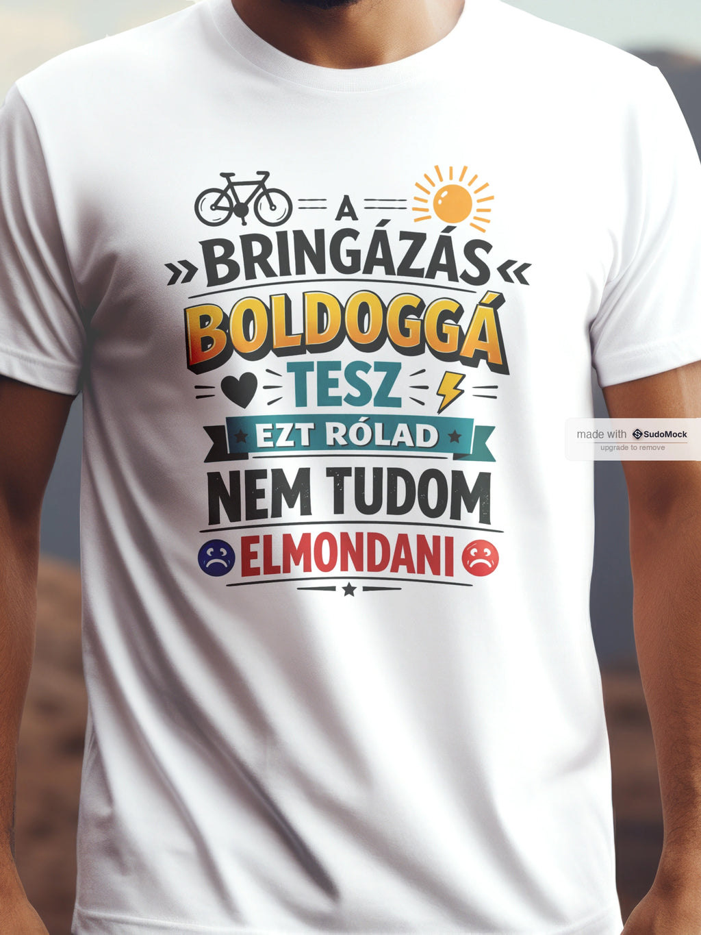 A bringázás boldoggá tesz pamut póló – kerékpáros grafika – férfi póló, unisex póló, magyar minta, vicces póló