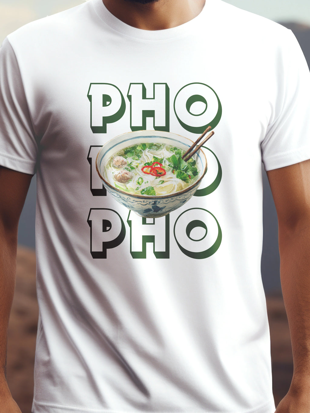 PHO prémium pamut póló – ízletes pho leves grafika – fehér férfi póló, unisex póló, magyar minta, vicces póló