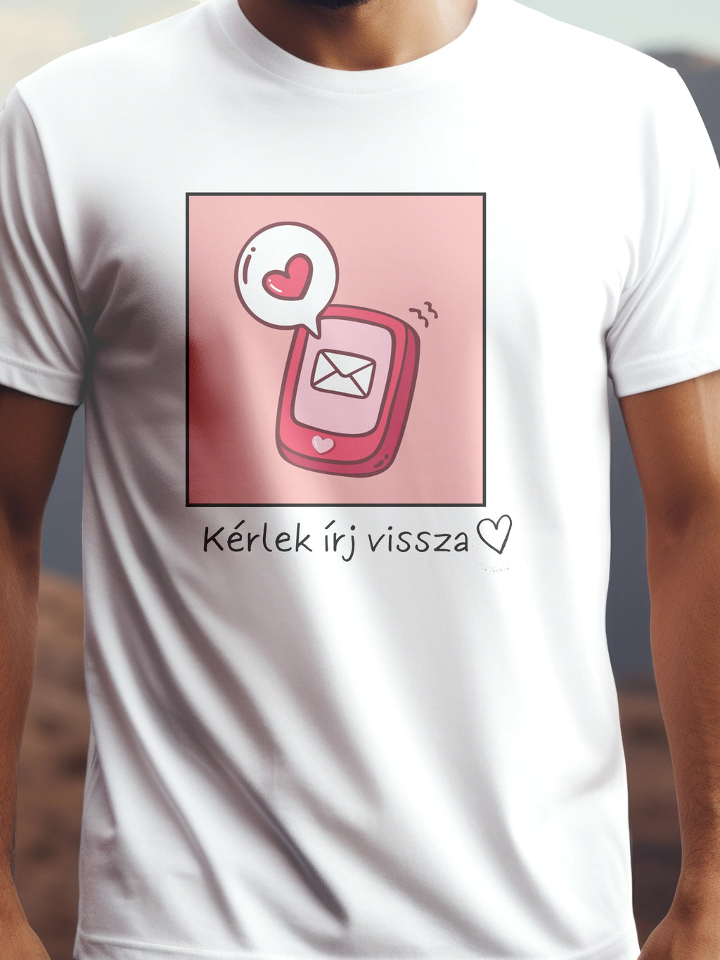 Szerelem prémium pamut póló – romantikus telefonos grafika – fehér férfi póló, unisex póló, magyar minta, vicces póló