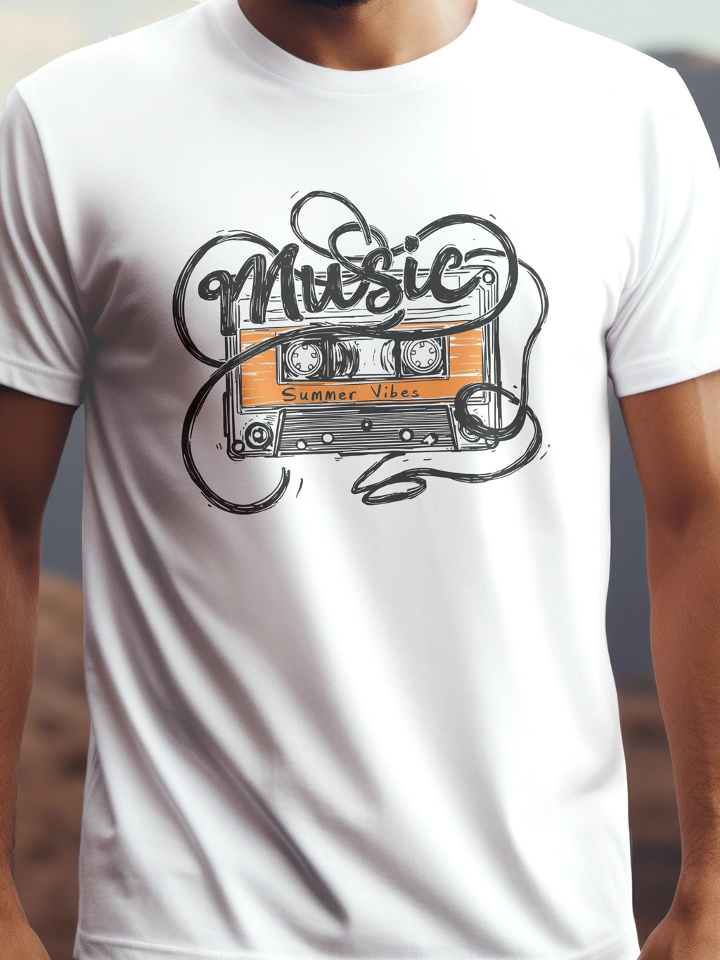 Music Summer Vibes fehér színű prémium pamut póló – retro kazettás design – férfi póló, unisex póló, magyar minta, vicces póló