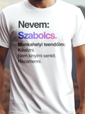 Szabolcs fehér színű prémium pamut póló – modern design – férfi póló, unisex póló, magyar minta, vicces póló