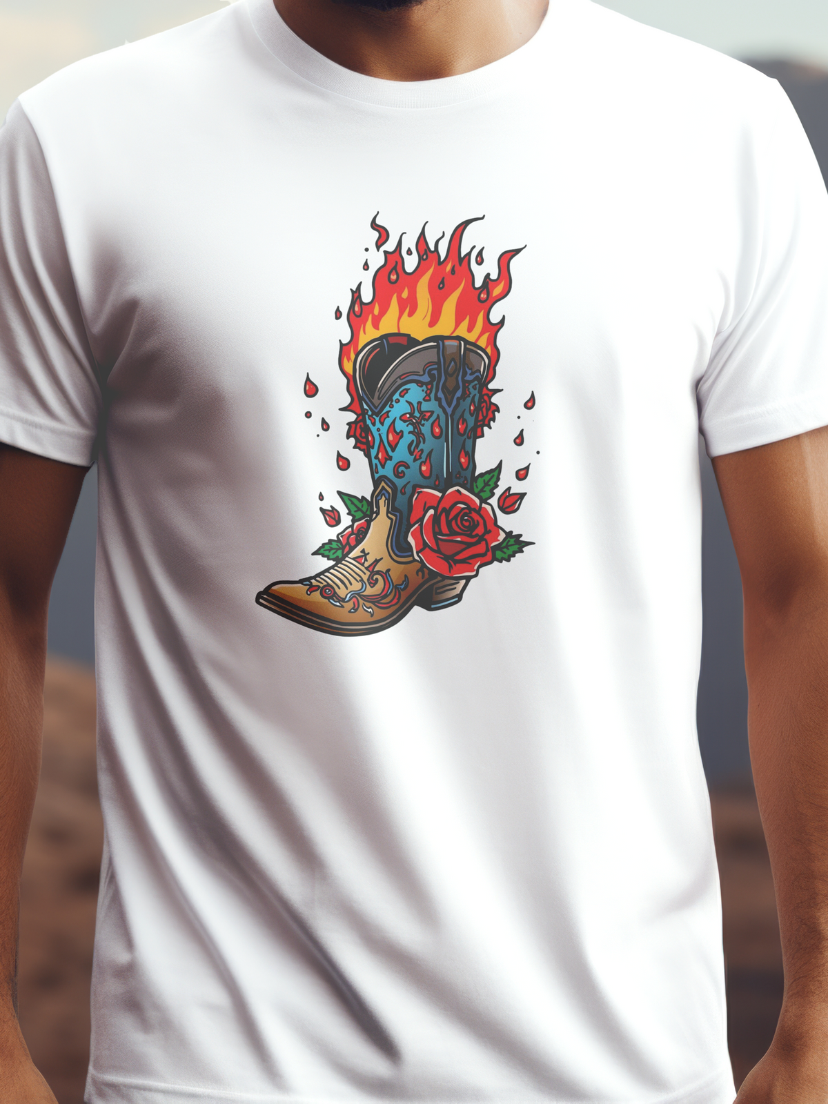 Lángoló csizma prémium pamut póló – stílusos cowboy design – fehér férfi póló, unisex póló, magyar minta, vicces póló