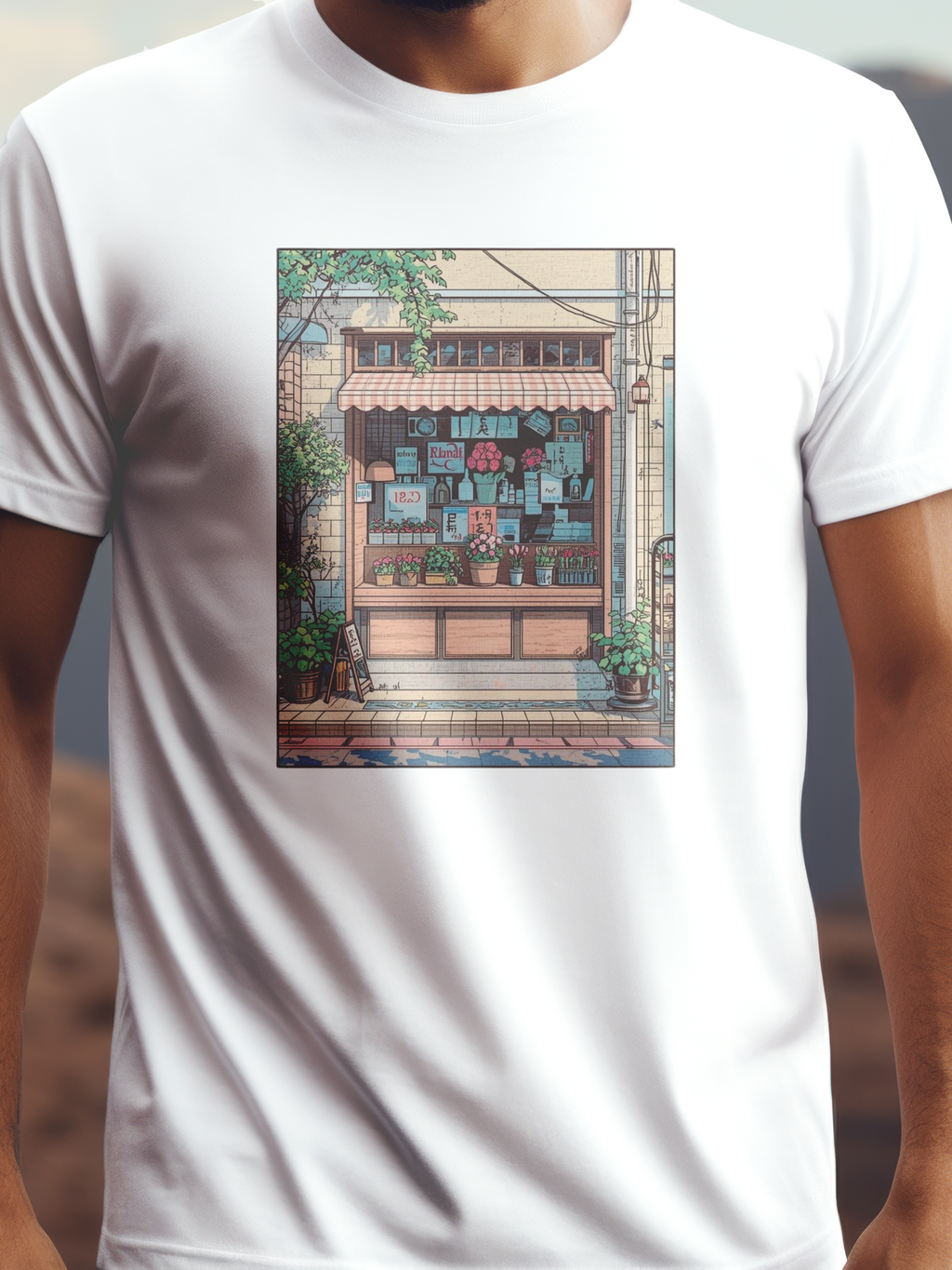 Virágbolt prémium pamut póló – vintage virágos design – fehér férfi póló, unisex póló, magyar minta, vicces póló