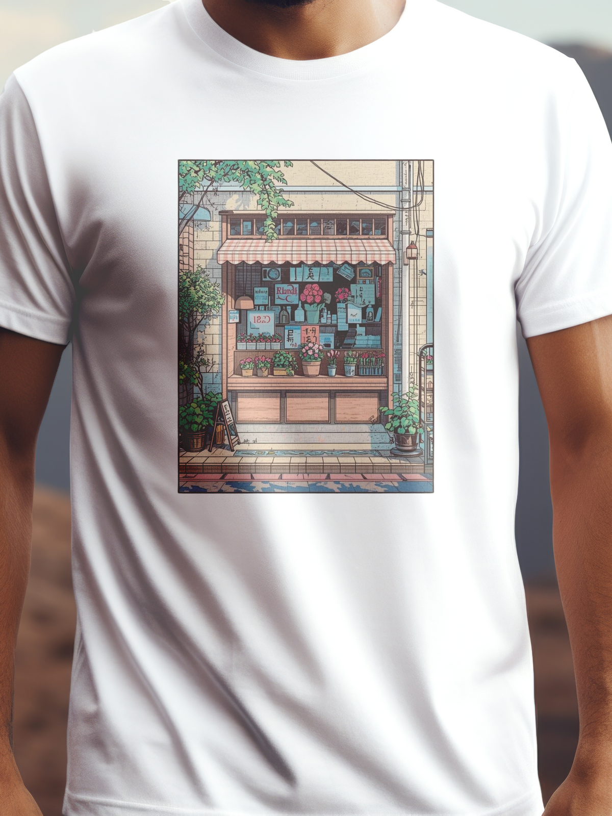 Virágbolt prémium pamut póló – vintage virágos design – fehér férfi póló, unisex póló, magyar minta, vicces póló