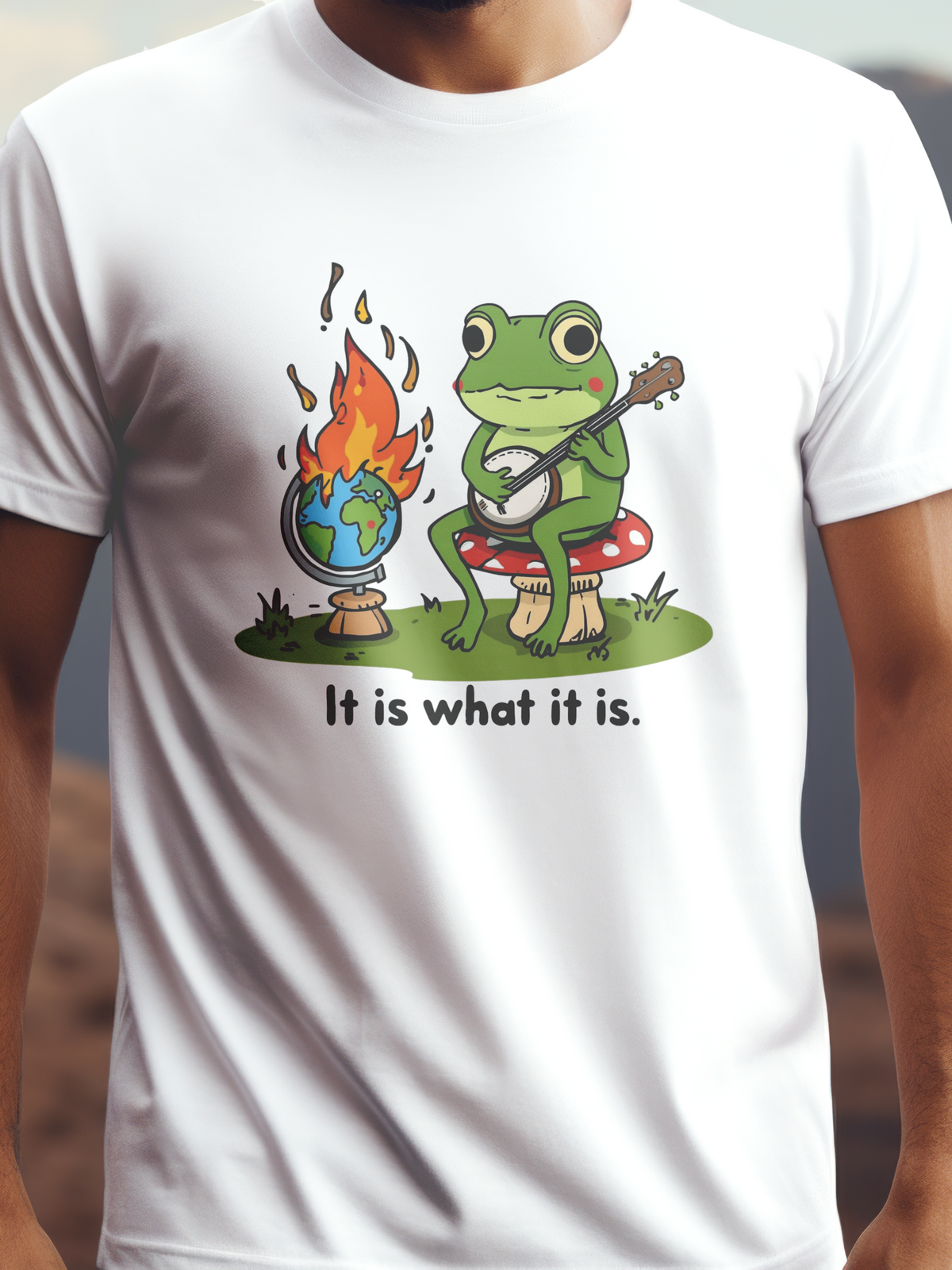 It is what it is. fehér színű prémium pamut póló – vicces béka grafika – férfi póló, unisex póló, magyar minta, vicces póló