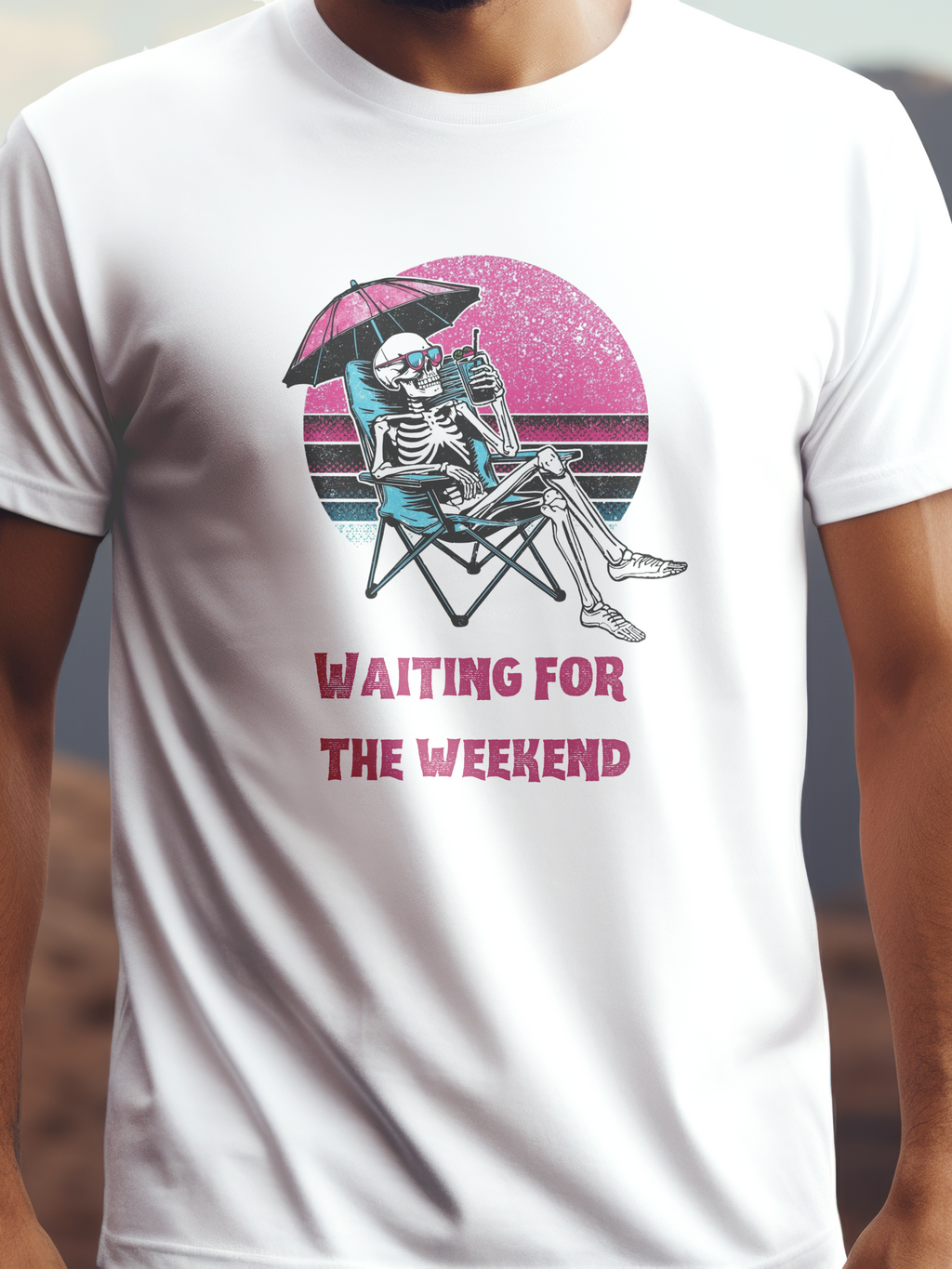 Waiting for the Weekend fehér színű prémium pamut póló – lazítós, nyári hangulatú grafika – férfi póló, unisex póló, magyar minta, vicces póló