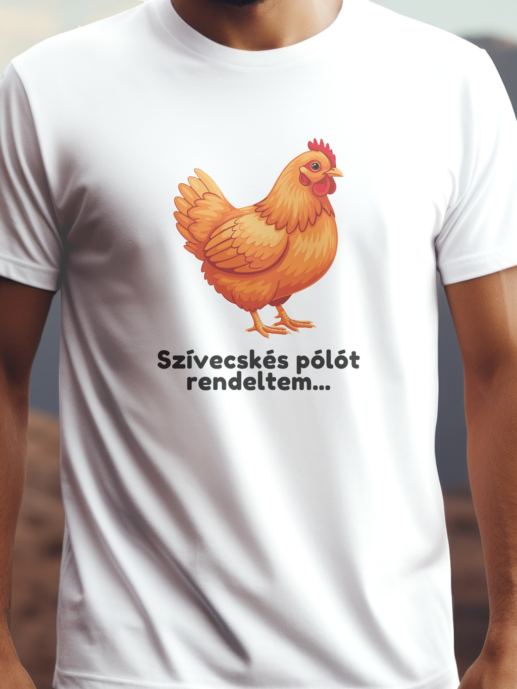 Vicces tyúk prémium 100% pamut póló – aranyos baromfi grafika – fehér férfi póló, unisex póló, magyar minta, vicces póló