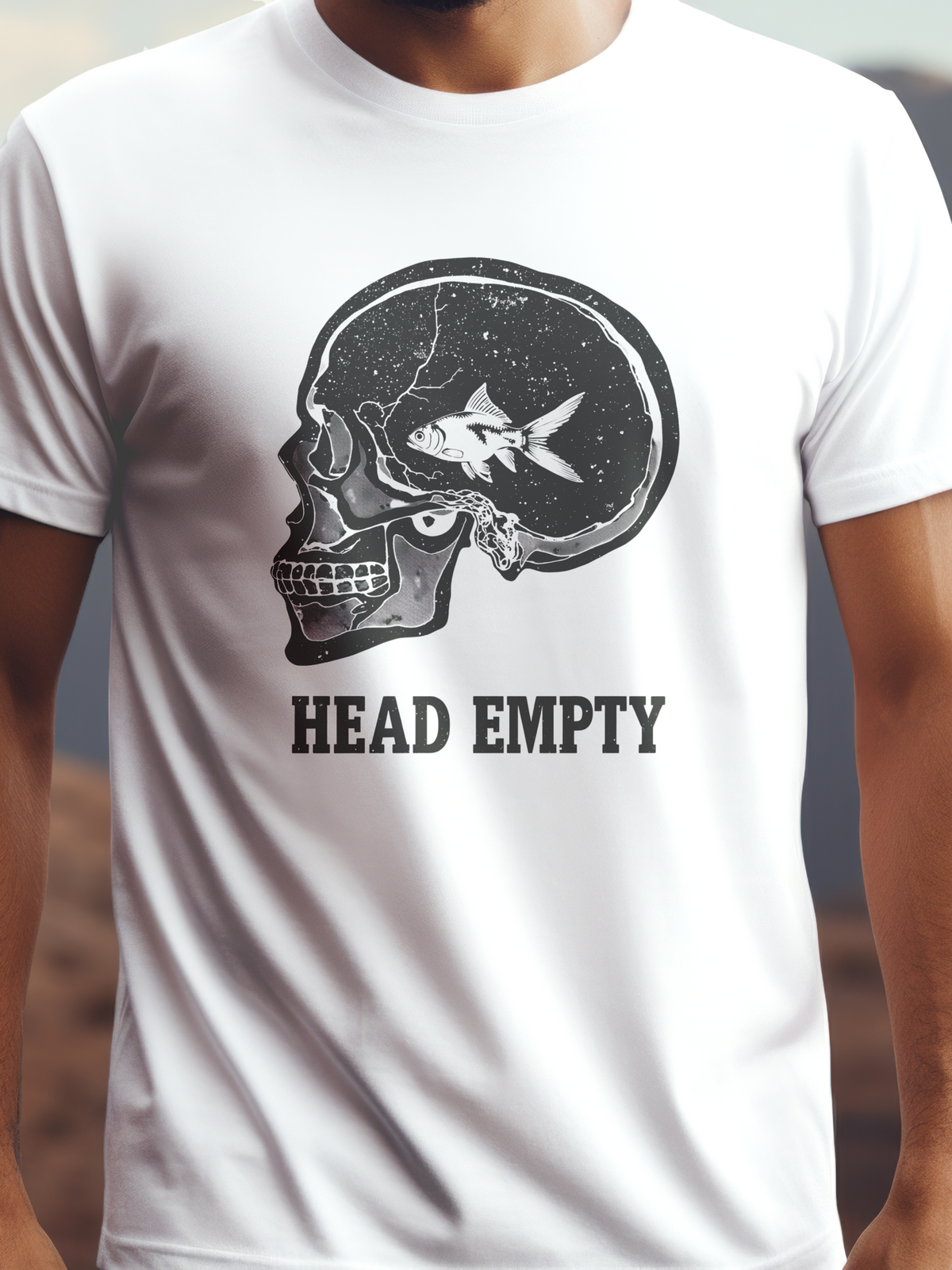 HEAD EMPTY prémium pamut póló – koponya és hal design – fehér férfi póló, unisex póló, magyar minta, vicces póló
