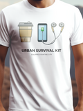 Urban Survival Kit prémium pamut póló – városi életre tervezett grafika – fehér férfi póló, unisex póló, magyar minta, vicces póló