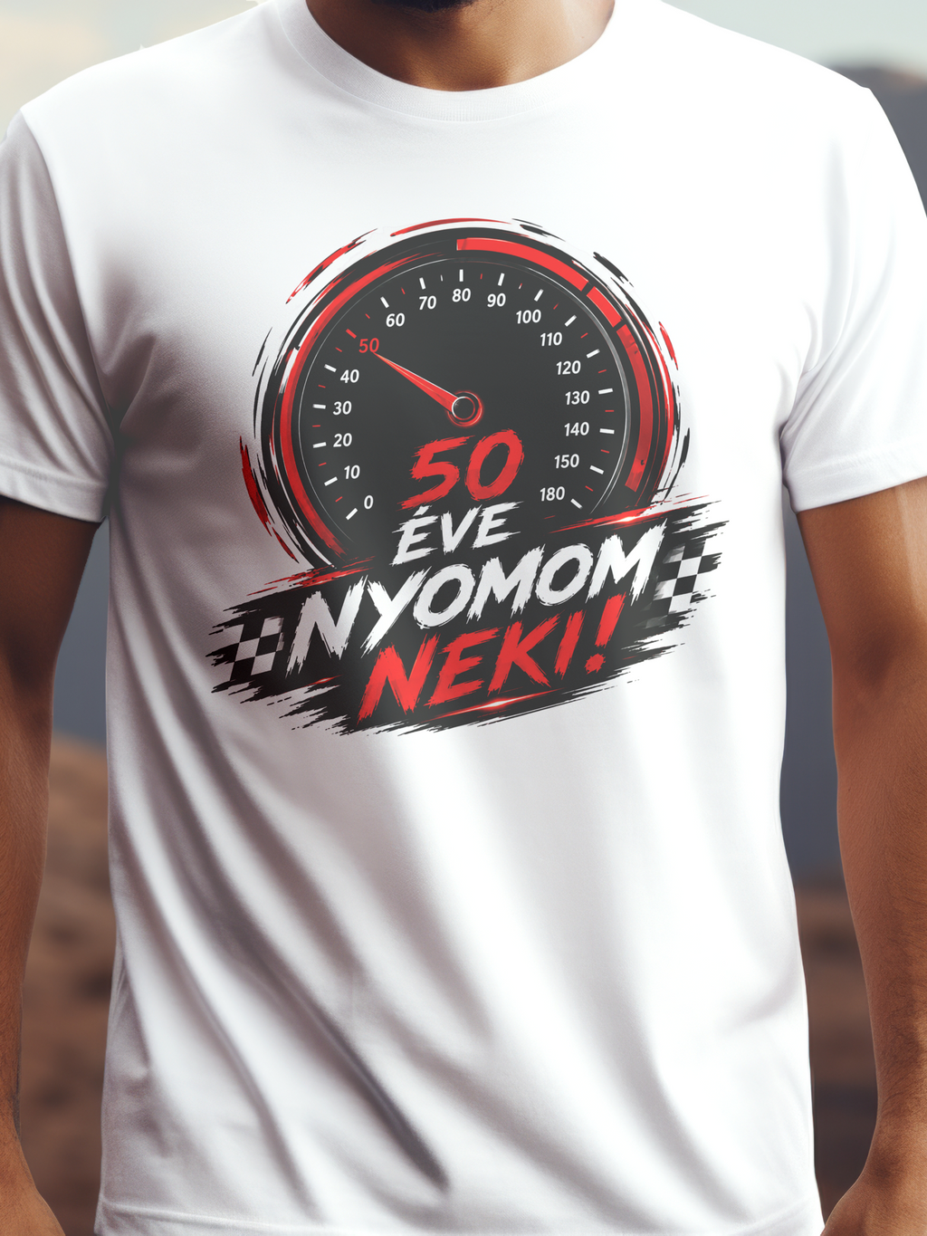 50 ÉVE NYOMOM NEKI! fehér színű prémium születésnapi pamut póló – autós grafika – férfi póló, unisex póló, magyar minta, vicces póló