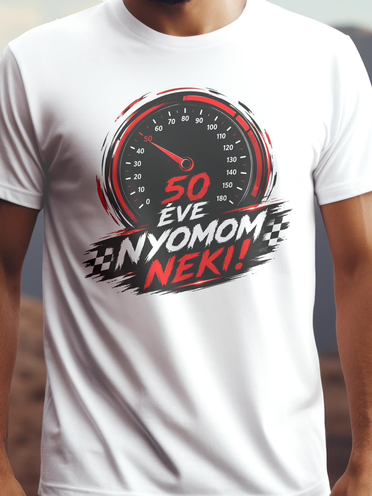 50 ÉVE NYOMOM NEKI! fehér színű prémium születésnapi pamut póló – autós grafika – férfi póló, unisex póló, magyar minta, vicces póló